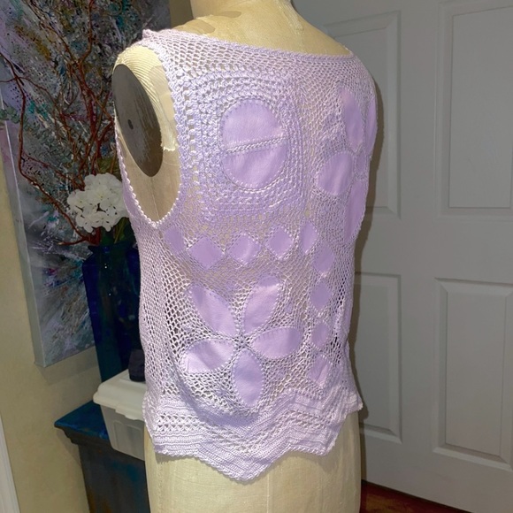 Hand Crochet Tank w/Genuine Leather Insert Patches | Handmade | Lavender | Sz: S - Picture 9 of 11